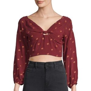 Raga Embroidered Leaf Print Knot Crop Top Burgundy M